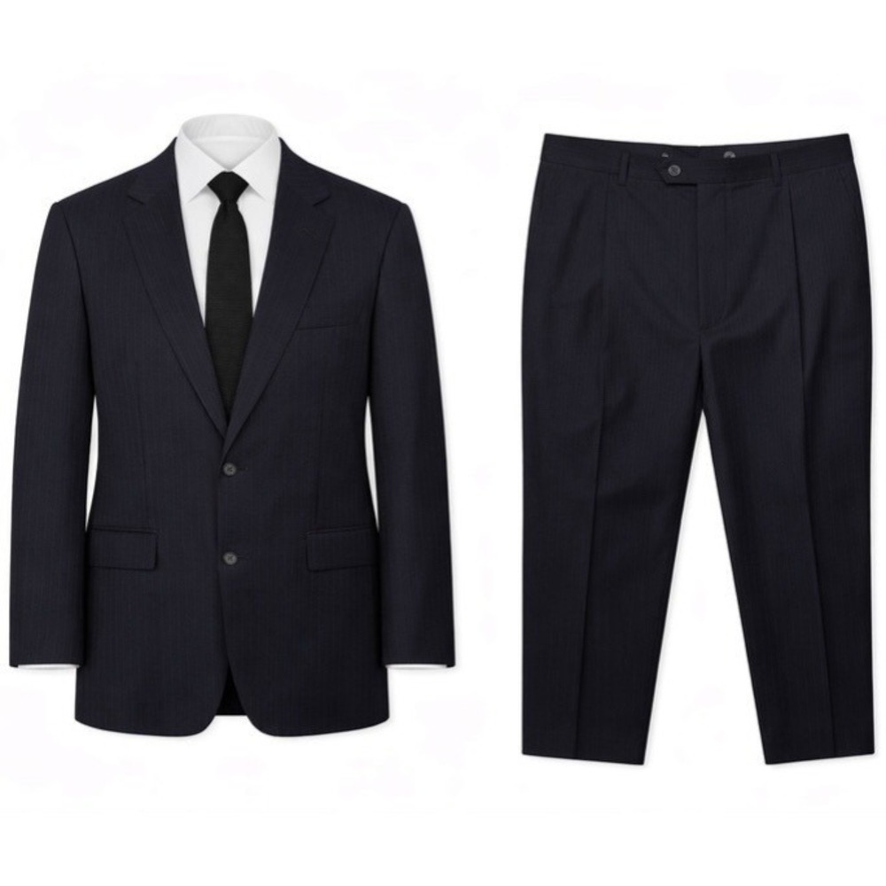 Hart Schaffner Marx Suit Gold Trumpeter Mens 48L 40x30 Navy Blue Tonal Stripes